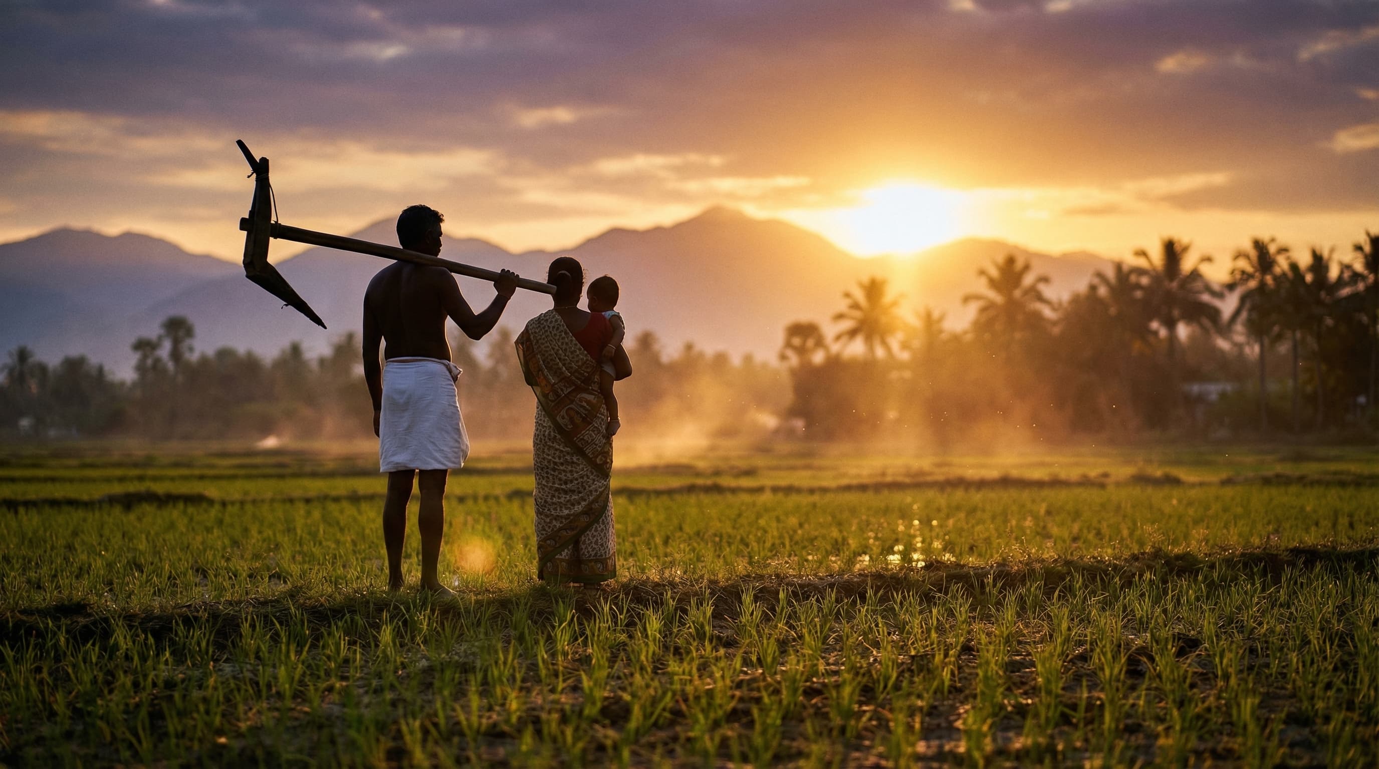 Indian farming family at sunset — farmer with plough, woman and child, mountains and palm trees